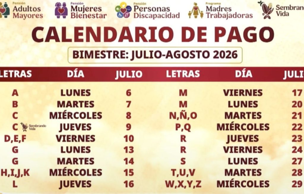 Calendario Bienestar julio-agosto 2026