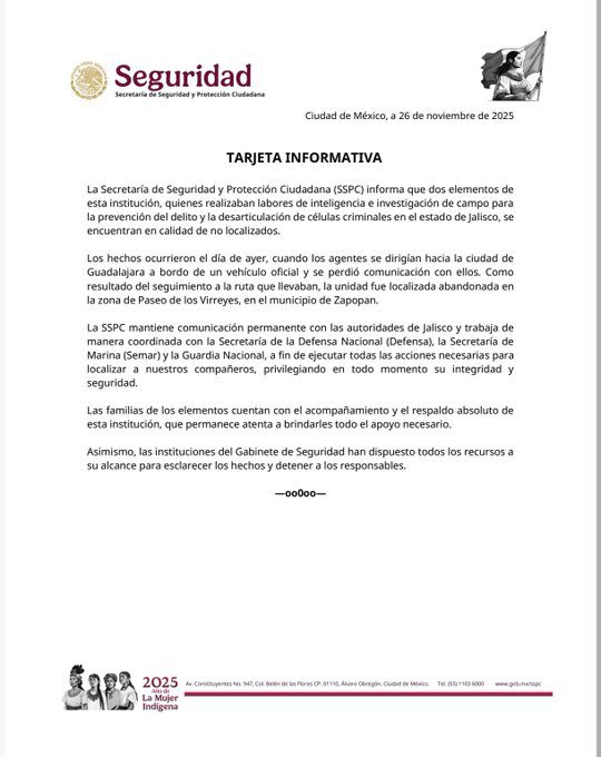Jalisco, desaparición de agentes de Harfuch
