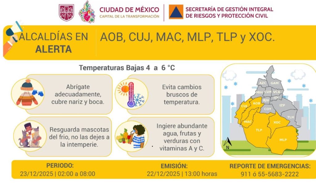 Temperaturas de 4 a 6 °C activan alerta amarilla en seis alcaldías de la CDMX