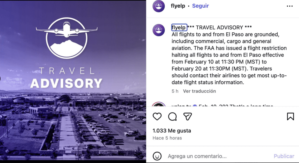 Suspenden espacio aéreo en El Paso, Texas por 10 días. 