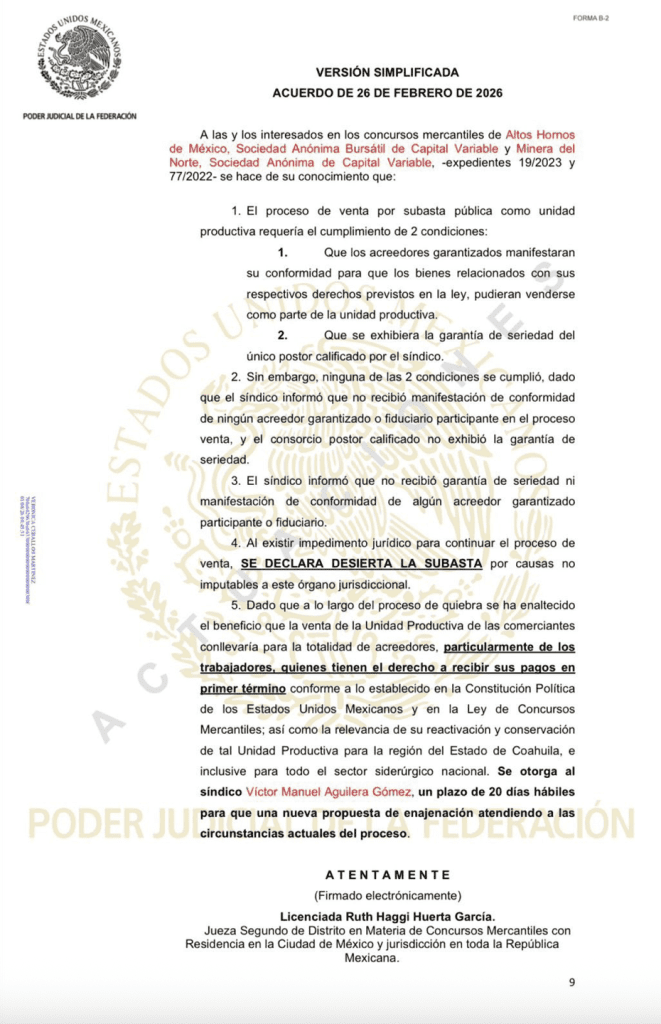 Veredicto sobre la venta de Altos Hornos de México| Facebook Senador Luis Fernando Salazar de Coahuila. 