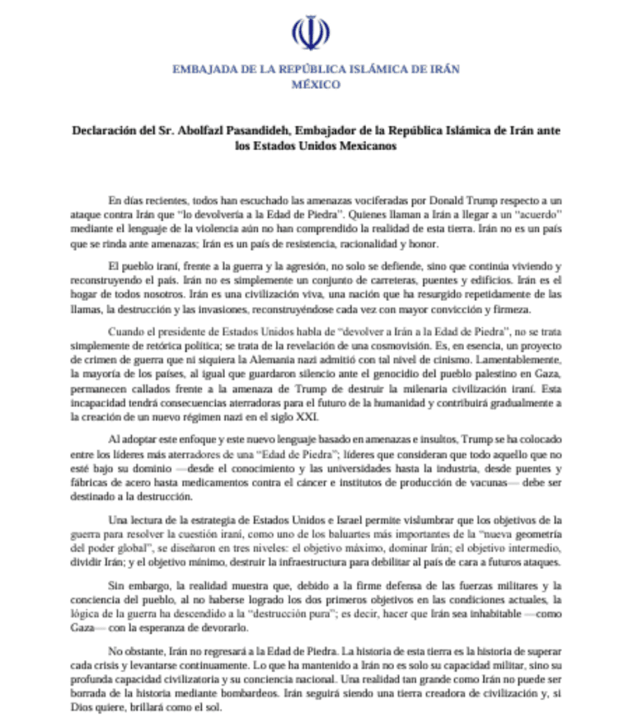 Mensaje de la Embajada de Irán en México | Captura de pantalla