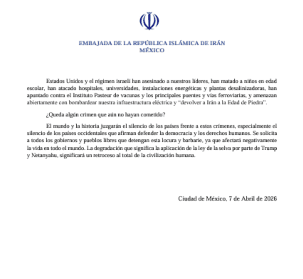 Mensaje de la Embajada de Irán en México | Captura de pantalla