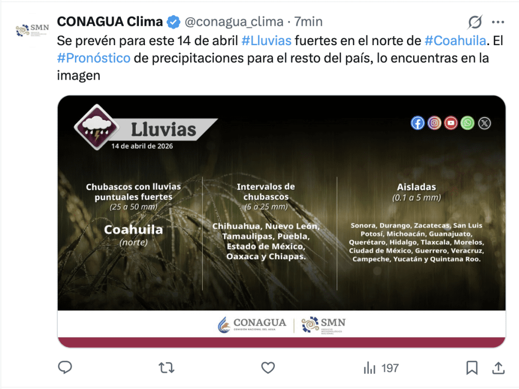 Lluvias en México este 14 de abril | CONAGUA