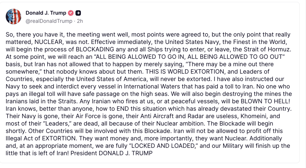 trump social truth ormuz