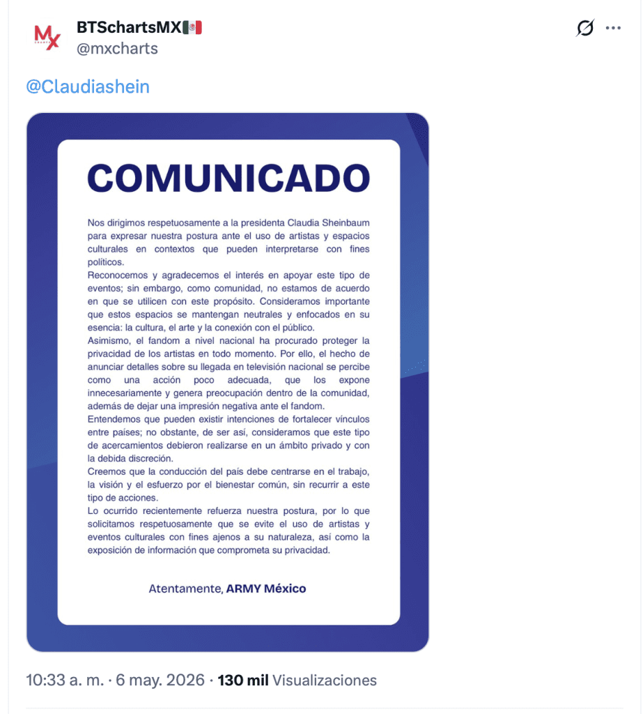 Comunicado del fandom de BTS | @mxcharts