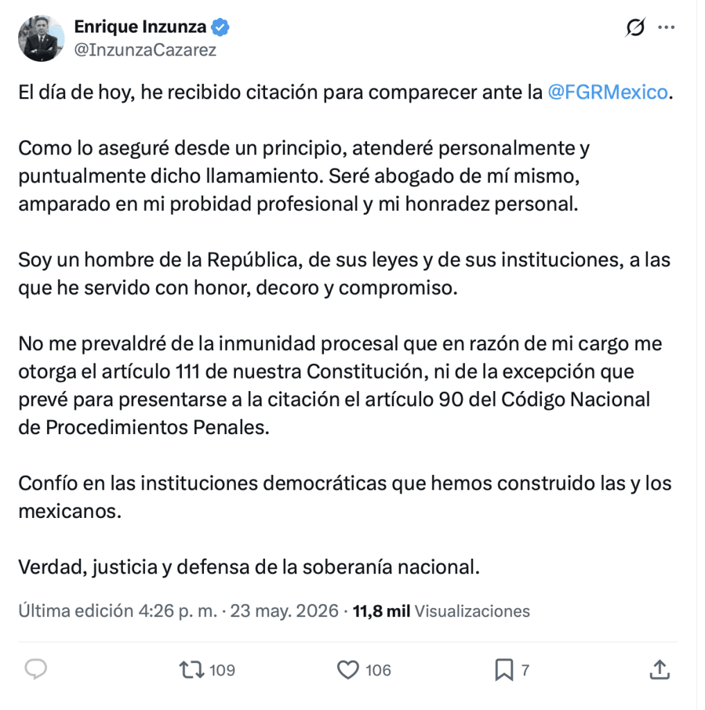 Pronunciamiento de Enrique Inzunza | X: @enriqueinzunza