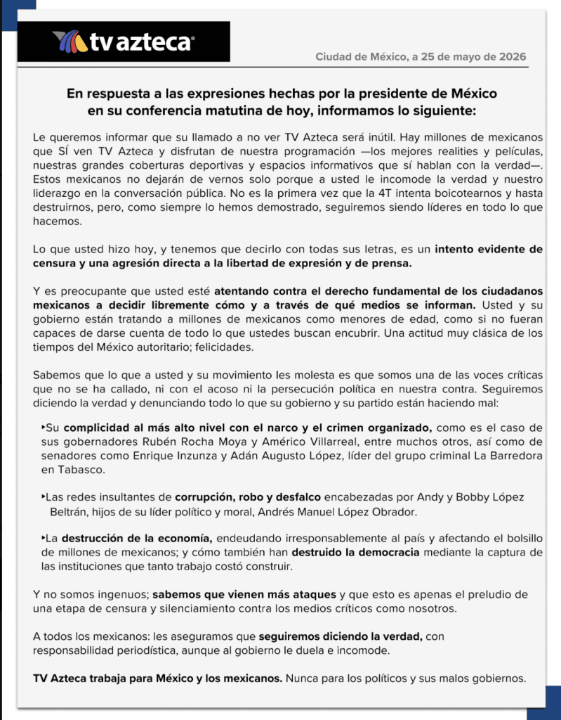 Pronunciamiento de Tv Azteca contra los dichos de Claudia Sheinbaum | TV Azteca 