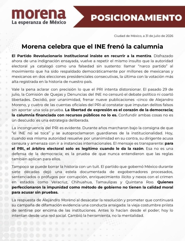 comunicado de morena, resolución contra alito moreno