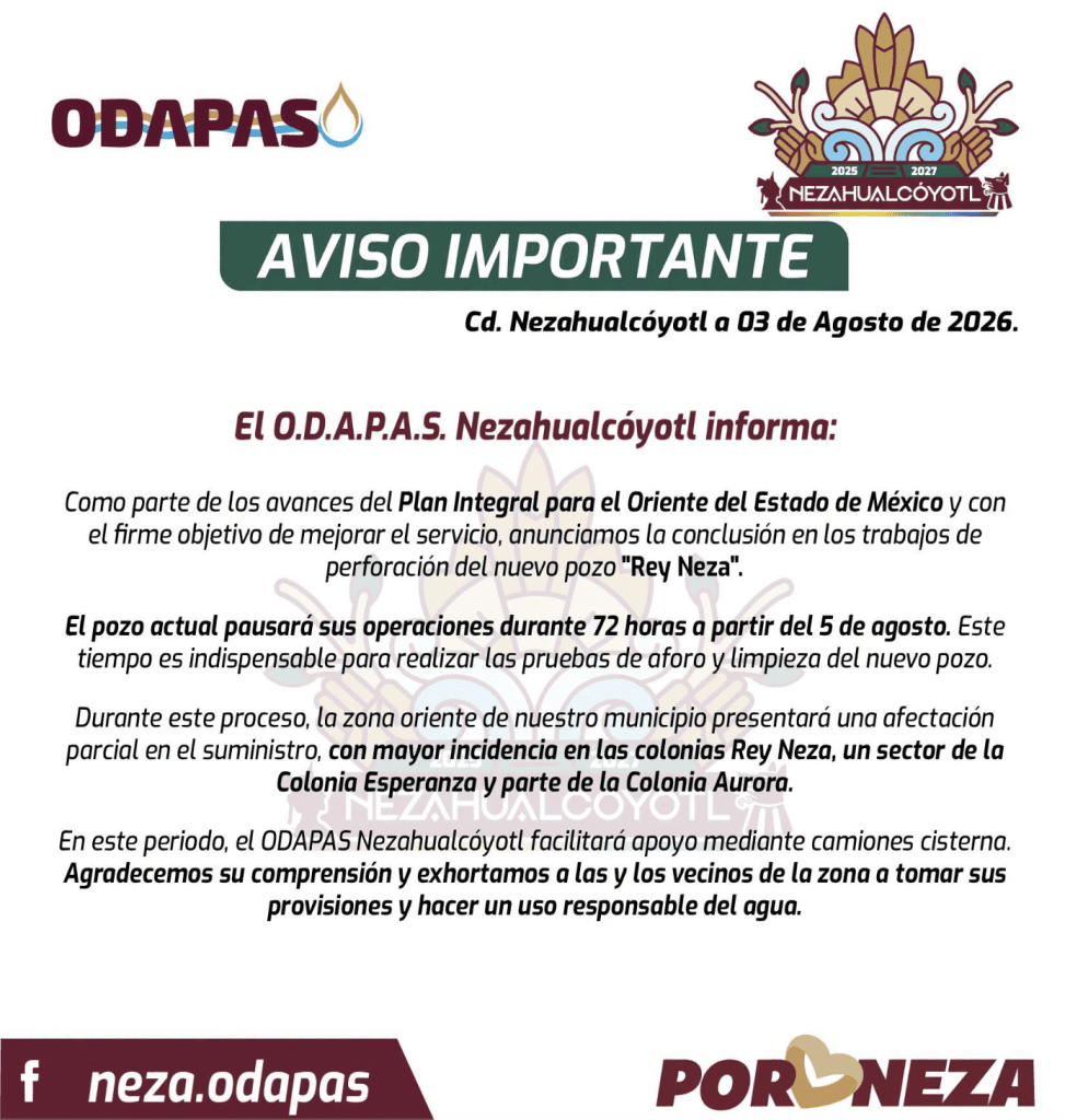 Aviso sobre el corte de agua neza